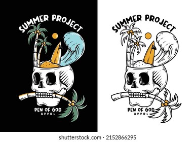 hand drawn summer party in the skull head illustration