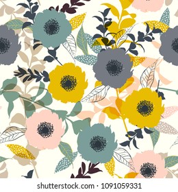 Hand drawn Summer Pastel Blooming flower in the forest background in modern style for fashion fabric, wallpaper and all prints  on white seamless pattern vector.