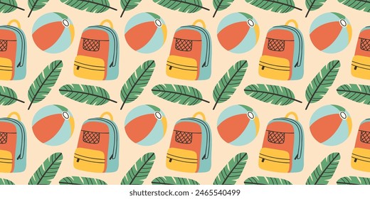 Hand drawn summer pattern with backpack, ball, seamless pattern for fabric, textiles, wrapping paper, cover, banner