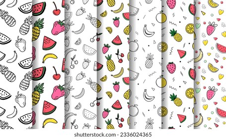 hand drawn Summer pattern collection with fruits watermelon cherry pineapple banana strawberry