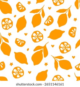 Padrão de verão desenhado à mão com limão. Fundo de vetor de frutas tropicais suculentas. Elemento fresco de fatia de citrinos isolado no branco. Desenho de arte de citrinos maduros. Impressão italiana de papel, tampa, tecido.