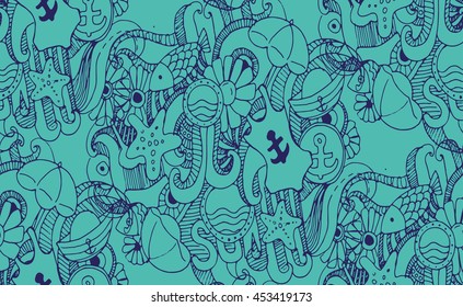 Hand drawn summer pattern with ocean waves, beach umbrella, swimsuit, fish, anchors, flowers, sea stars. Vector background.