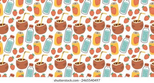 Hand drawn summer pattern with strawberry drink, water, coconut, seamless pattern for fabric, wrapping paper, cover