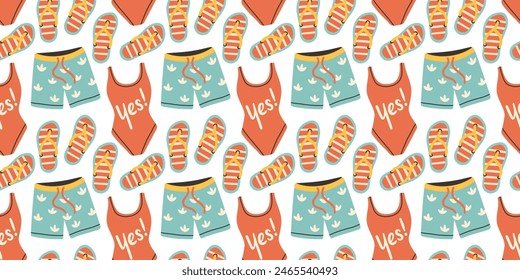 Hand drawn summer pattern with swimsuit, flip flop, seamless pattern for fabric, textiles, wrapping paper, cover, banner