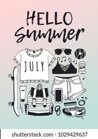Hand drawn summer pattern. Tropical vector background. Artistic doddle drawing. Creative ink art work. Fashion illustration season objects