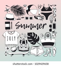 Hand drawn summer pattern. Tropical vector background. Artistic doddle drawing. Creative ink art work. Fashion illustration season objects