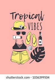 Hand drawn summer pattern. Tropical vector background. Artistic doddle drawing. Creative ink art work. Fashion illustration season objects