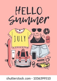 Hand drawn summer pattern. Tropical vector background. Artistic doddle drawing. Creative ink art work. Fashion illustration season objects