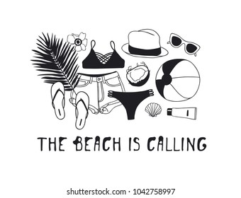 Hand drawn summer pattern. Ttropical vector background. Artistic doddle drawing. Creative ink art work. Fashion illustration season objects