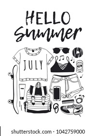 Hand drawn summer pattern. Ttropical vector background. Artistic doddle drawing. Creative ink art work. Fashion illustration season objects