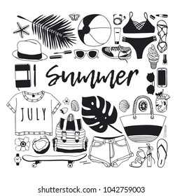 Hand drawn summer pattern. Ttropical vector background. Artistic doddle drawing. Creative ink art work. Fashion illustration season objects
