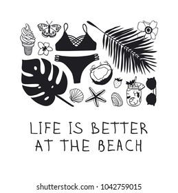 Hand drawn summer pattern. Ttropical vector background. Artistic doddle drawing. Creative ink art work. Fashion illustration season objects