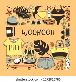 Hand drawn summer pattern. Yellow tropical vector background. Artistic doddle drawing. Creative ink art work. Fashion illustration season objects and WOOHOO!!