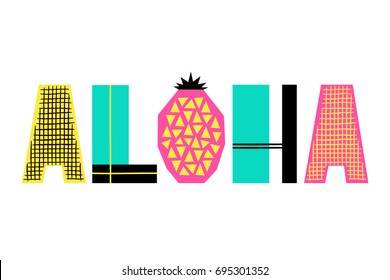 Hand Drawn Summer phrase Aloha in trendy cut out style