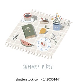Hand drawn summer picnic background, invitation. Checkered plaid, blanket with cup of coffee, lemon, watermelon, strawberries fruit and book. Lavender, meadow flowers. Lifestyle flat lay, top view. 