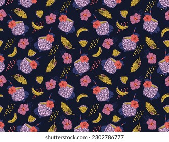 Hand drawn summer Pineapple cocktail with banana and Hibiscus flowers Seamless Pattern illustration Vector , Design for fashion , fabric, textile, wallpaper , wrapping and all prints 