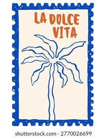 Hand drawn summer postal stamp with palm tree. Vintage sicilia amalfi beach surf design. Mediterranean coastal vacation. Vector retro frame border for summer emblem, placard or poster.