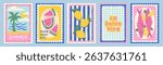 Hand drawn summer postcard set with palm tree, watermelon, lemons, sardines, and La Dolce Vita text in Mediterranean sketch style on pastel background for holiday decor and print concept, vector illus