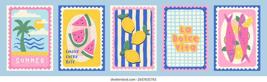 Hand drawn summer postcard set with palm tree, watermelon, lemons, sardines, and La Dolce Vita text in Mediterranean sketch style on pastel background for holiday decor and print concept, vector illus