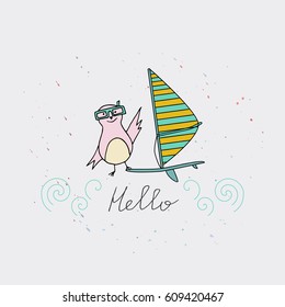 Hand drawn summer poster including happy bird, windsurfing board and waves.