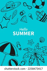 Hand drawn summer poster. Sea and ocean design template. Vector card templates.