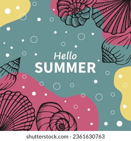 Hand drawn summer poster with seashells. Summer holidays cards.