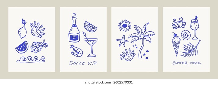 Hand drawn summer poster set. Dolce vita concept. Modern prints with palm tree, sun, fruits, seashells, vacation and beach icons. Minimalist line art. Vector illustration for invitations, prints.