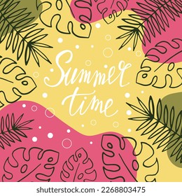 Cartel de verano dibujado a mano con hojas tropicales y texto escrito a mano. Tarjetas de vacaciones de verano.