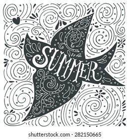 Hand drawn summer print with a bird and hand lettering 