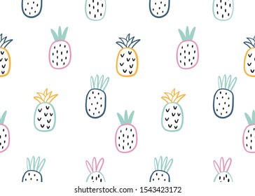 Hand drawn summer print with pineapple. Seamless pattern