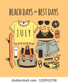 Hand drawn summer quote and illustration. Actual tropical vector background. Artistic doddle drawing. Creative ink art work and text BEACH DAYS = BEST DAYS