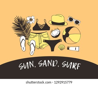 Hand drawn summer quote and illustration. Actual tropical vector background. Artistic doddle drawing. Creative ink art work and text SUN, SAND, SURF