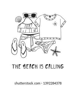 Hand drawn summer quote and illustration. Actual tropical vector background. Artistic doddle drawing. Creative ink art work and text  THE BEACH IS CALLING