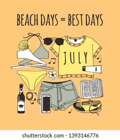 Hand drawn summer quote and illustration. Actual tropical vector background. Artistic doddle drawing. Creative ink art work and text  BEACH DAYS = BEST DAYS