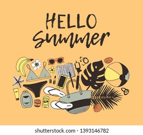 Hand drawn summer quote and illustration. Actual tropical vector background. Artistic doddle drawing. Creative ink art work and text HELLO SUMMER