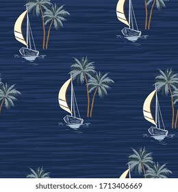 Hand drawn summer sail boat with palm trees isaland seamless pattern in vector EPS10 ,Design for fashion,fabric,web,wallpaper,wrapping and all prints on monotone blue ocean  background color