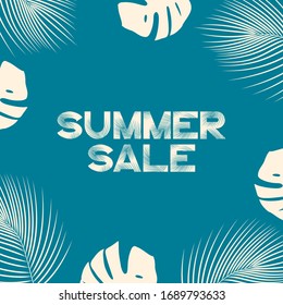 Hand drawn summer sale frame with tropical leaves. Monstera and palm leaf border for shop banner. Vector isolated illustration in blue colors.