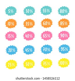 Hand drawn  summer sale tags set vector badges template, 5 off, 10, 15, 20, 25, 30, 50, 60, 70,  80, 100 percent label symbols, discount flat icon, sticker emblem 