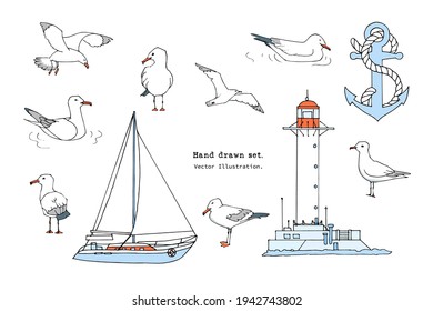 

Hand drawn summer sea print. Marine pattern in cartoon style. Set of gull, seabird, flying seagull , lighthouse, anchor, yacht illustration.  Isolated doodle vector illustration set.  Sail, ocean