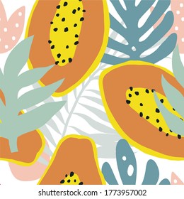 Verano dibujado a mano Manto sin mar con hojas tropicales y papaya