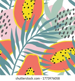 Hand drawn summer Seamless patter with tropical leaves and papaya