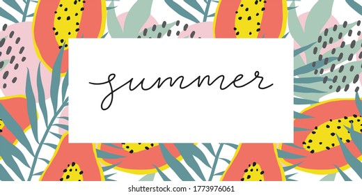 Hand drawn summer Seamless patter with tropical leaves and papaya