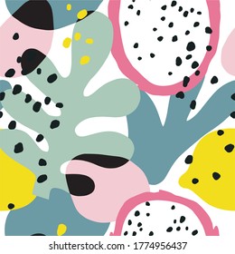 Hand drawn summer Seamless patter with tropical leaves and Dragon fruit