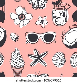 
Hand drawn summer seamless pattern with coconut, sunglasses, ice cream, shell and other. Tropical vector background. Artistic doddle drawing. Creative ink art work. Fashion illustration objects