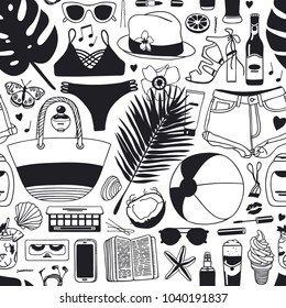 Hand drawn summer seamless pattern. Black and white tropical vector background. Artistic doddle drawing. Creative ink art work. Fashion illustration season objects