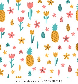 Hand drawn summer seamless pattern with flowers and pineapple. Cute tropical childish background. Stylish decorative elements. Vector illustration
