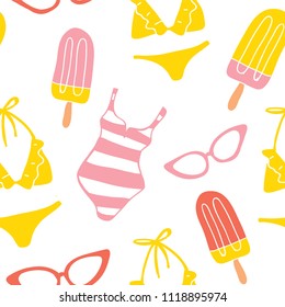 Hand drawn summer seamless pattern with icecream, swimsuit, glasses, bikini and other. 