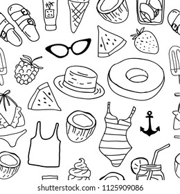 Hand drawn summer seamless pattern with straw hat, ice cream, cocktail smoothie, strawberry and other. Tropical vector background. Artistic doddle drawing. Summer time fashion illustration objects