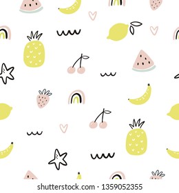 Hand drawn summer seamless pattern with watermelon, fruit shells