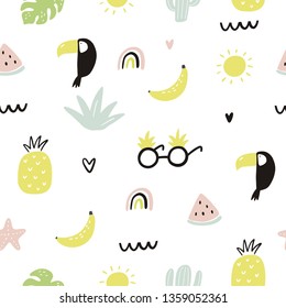Hand drawn summer seamless pattern with watermelon, fruit shells
